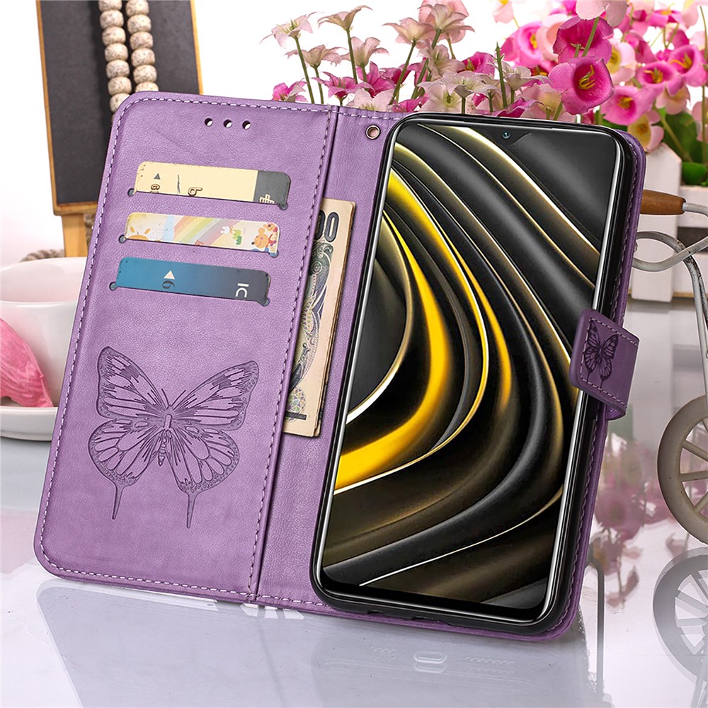 Empreinte Papillon de Fleurs de Fleur Portefeuille Étui en Cuir Pour Xiaomi Poco M3 - Violet