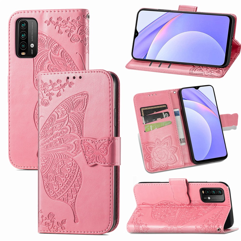 Imprint Big Butterfly Leather Wallet Phone Shell for Xiaomi Redmi 9 Power / Redmi Note 9 4G (Qualcomm Snapdragon 662) / Redmi 9T - Pink-1