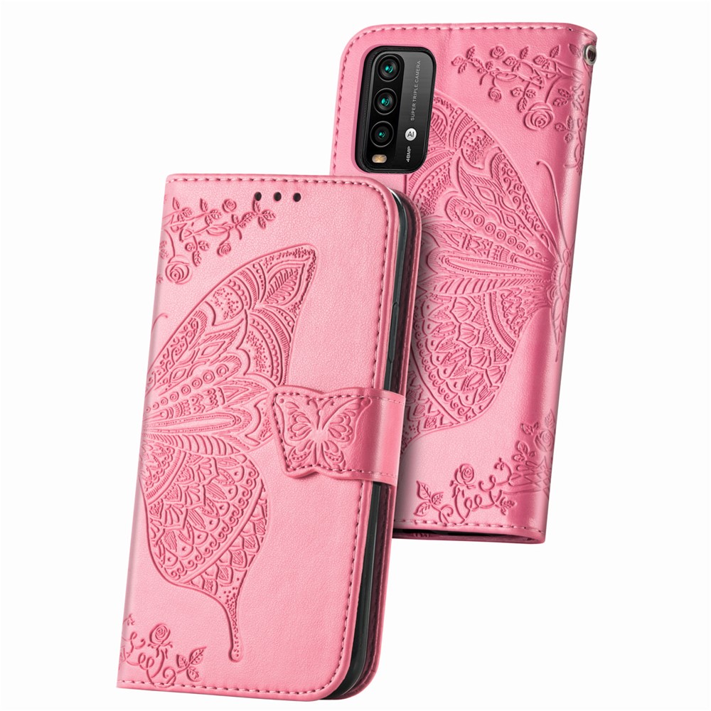 Imprint Big Butterfly Leather Wallet Phone Shell for Xiaomi Redmi 9 Power / Redmi Note 9 4G (Qualcomm Snapdragon 662) / Redmi 9T - Pink-2