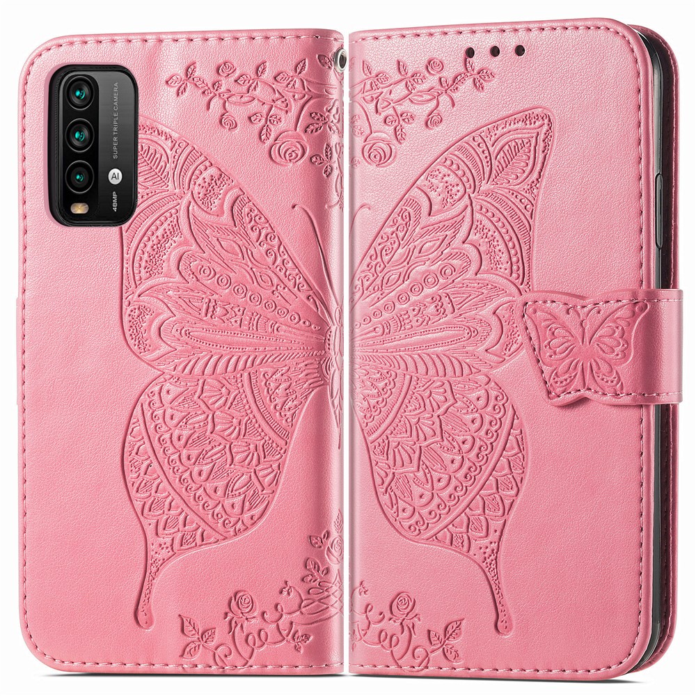 Imprint Big Butterfly Leather Wallet Phone Shell for Xiaomi Redmi 9 Power / Redmi Note 9 4G (Qualcomm Snapdragon 662) / Redmi 9T - Pink-3