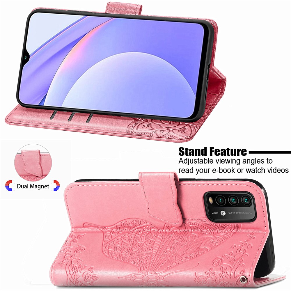 Imprint Big Butterfly Leather Wallet Phone Shell for Xiaomi Redmi 9 Power / Redmi Note 9 4G (Qualcomm Snapdragon 662) / Redmi 9T - Pink-5
