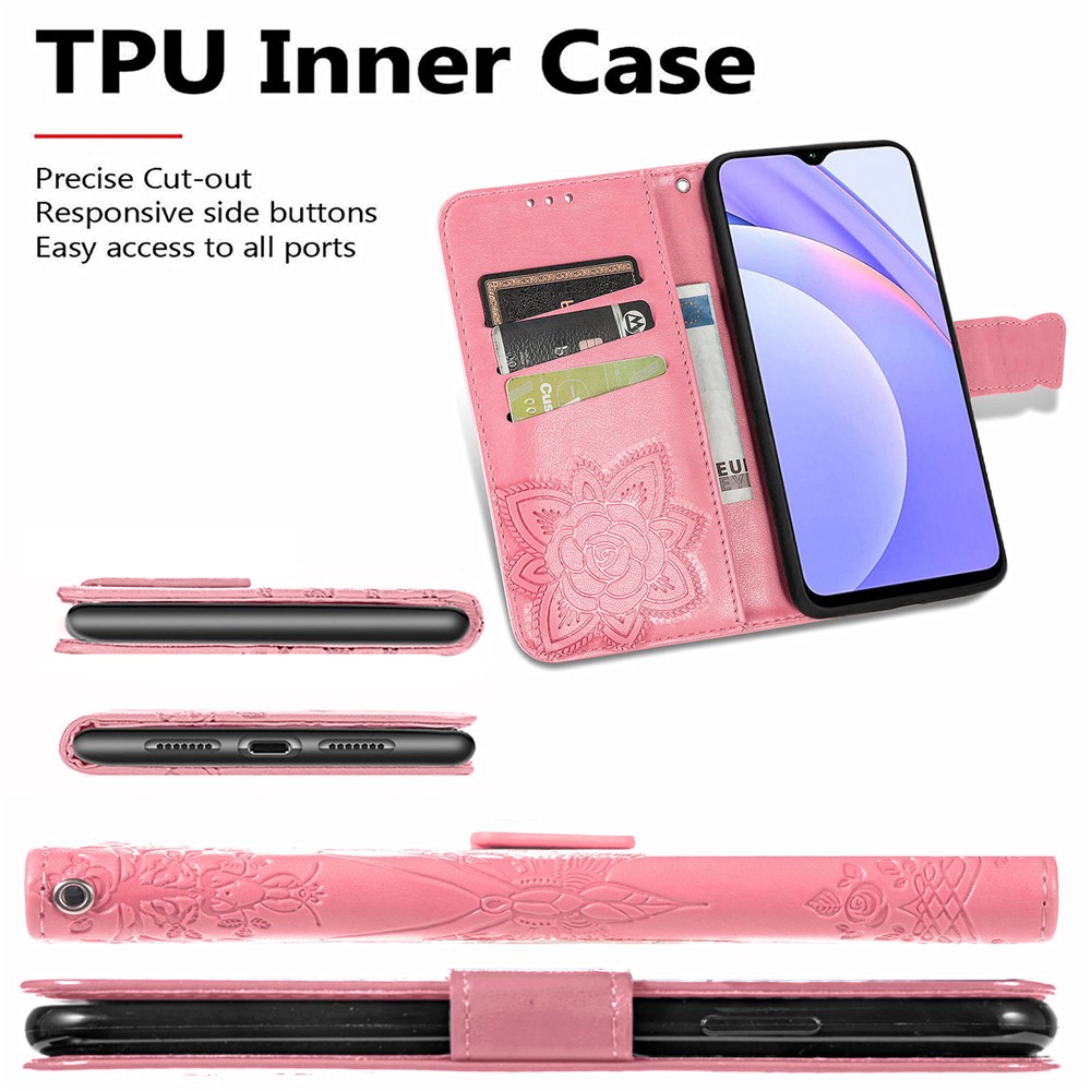 Imprint Big Butterfly Leather Wallet Phone Shell for Xiaomi Redmi 9 Power / Redmi Note 9 4G (Qualcomm Snapdragon 662) / Redmi 9T - Pink-7