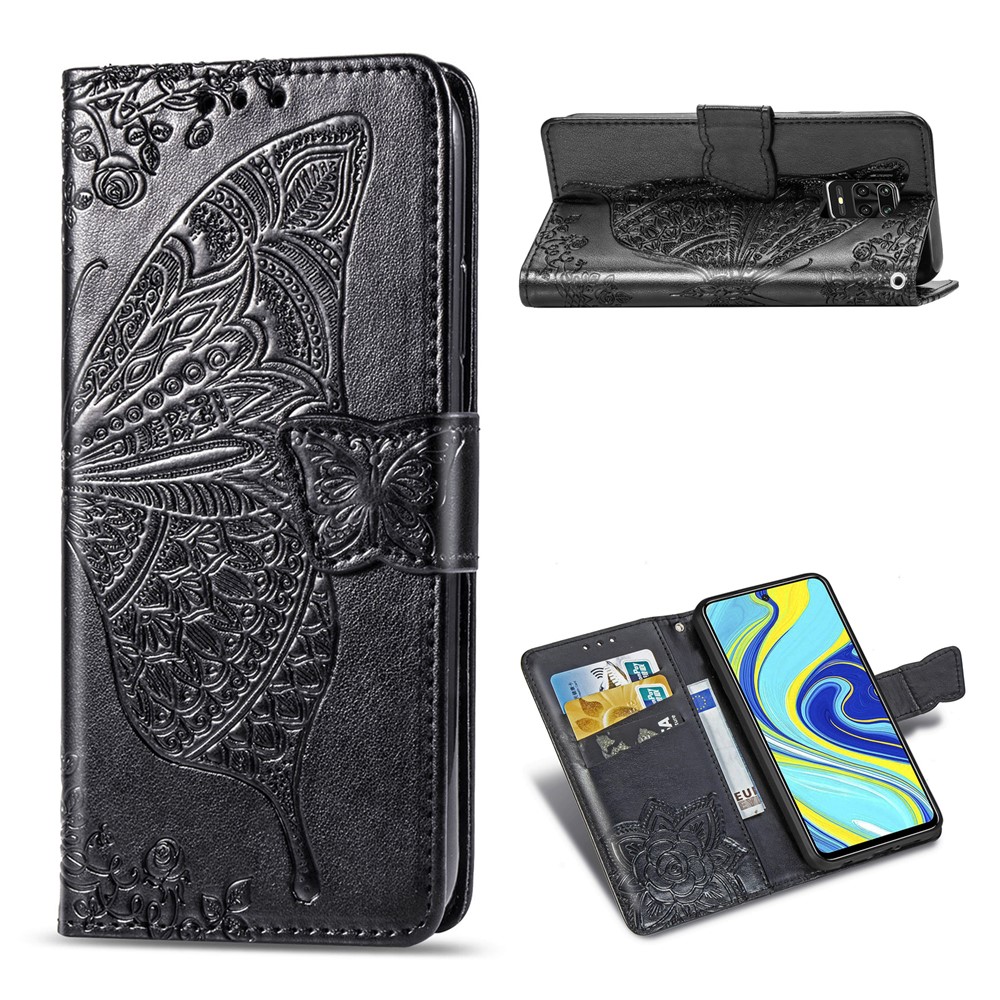 Leather Wallet Phone Shell with Big Butterfly Imprinting for Xiaomi Redmi Note 9S/Redmi Note 9 Pro/Redmi Note 9 Pro Max - Black-1