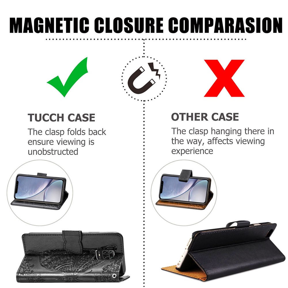 Leather Wallet Phone Shell with Big Butterfly Imprinting for Xiaomi Redmi Note 9S/Redmi Note 9 Pro/Redmi Note 9 Pro Max - Black-12