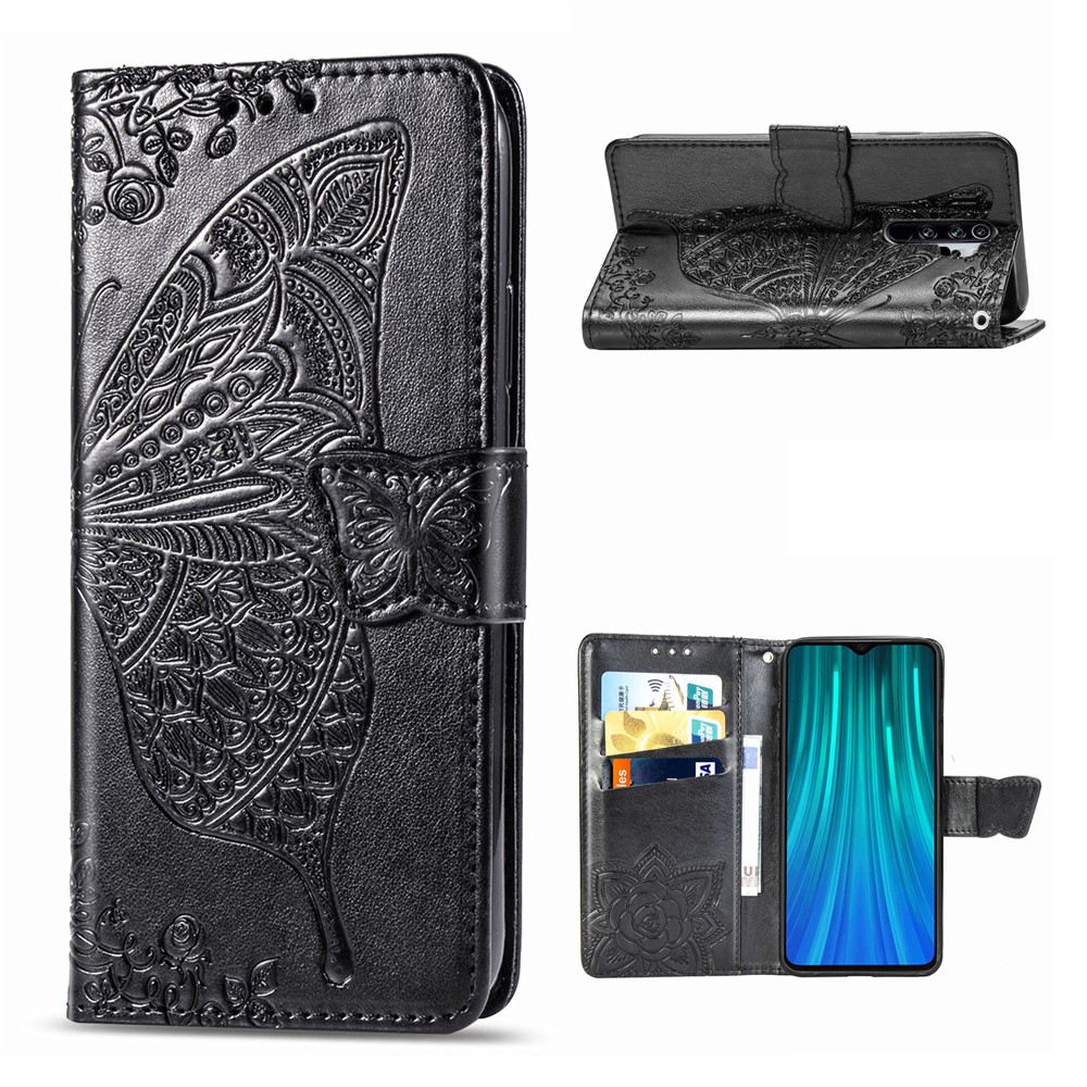 Imprint Big Butterfly Leather Wallet Phone Shell for Xiaomi Redmi Note 8 Pro - Black-1