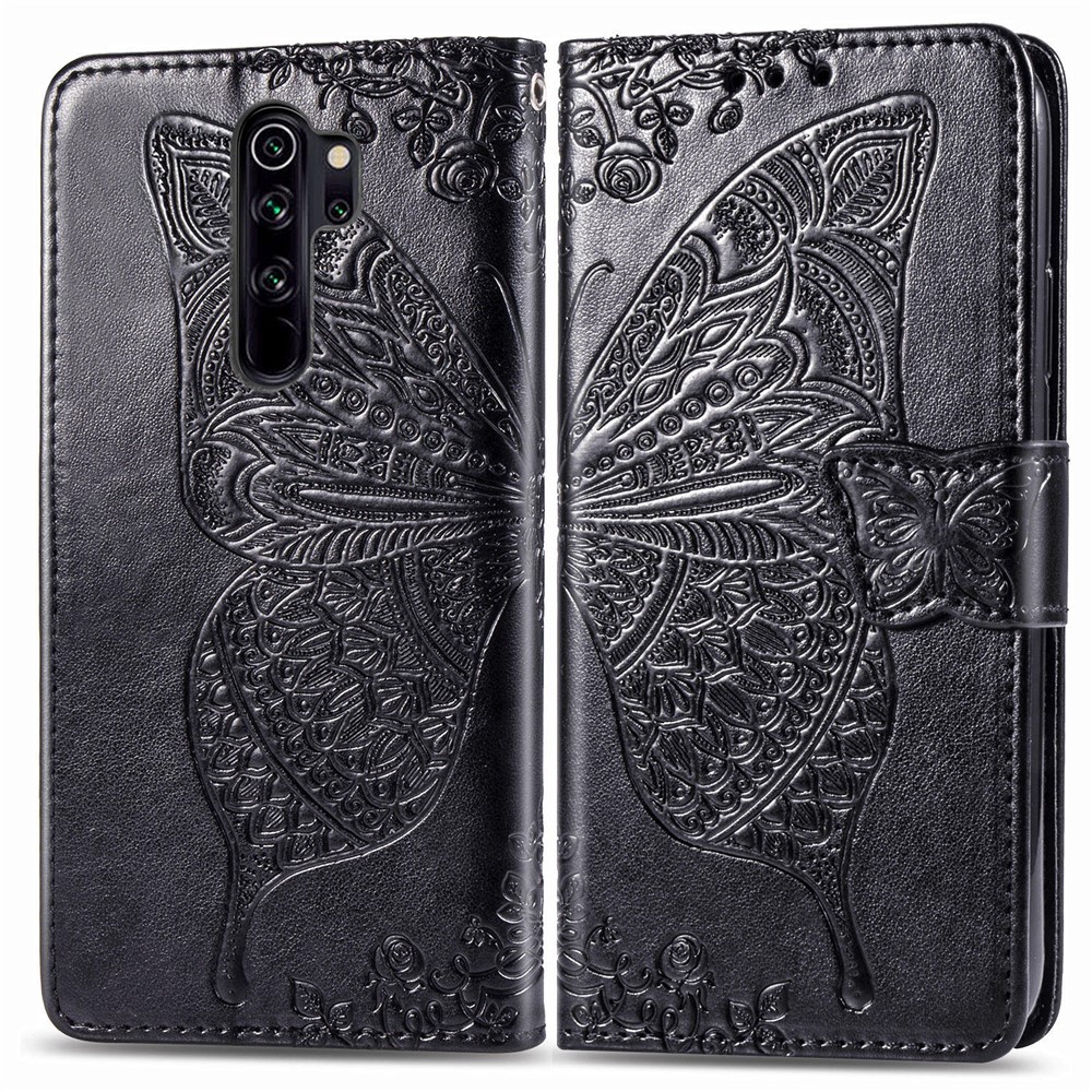 Imprint Big Butterfly Leather Wallet Phone Shell for Xiaomi Redmi Note 8 Pro - Black-2