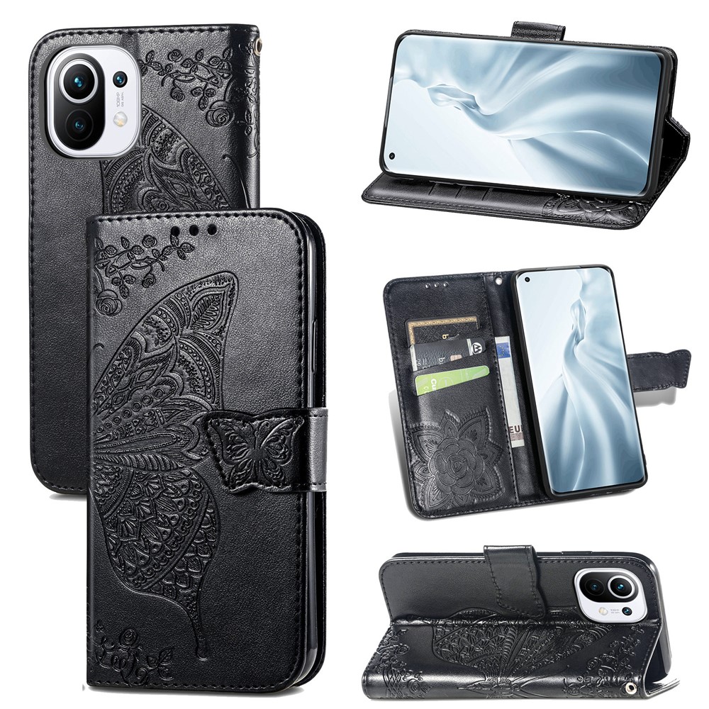 Imprint Big Butterfly Leather Wallet Phone Shell for Xiaomi Mi 11 - Black-1