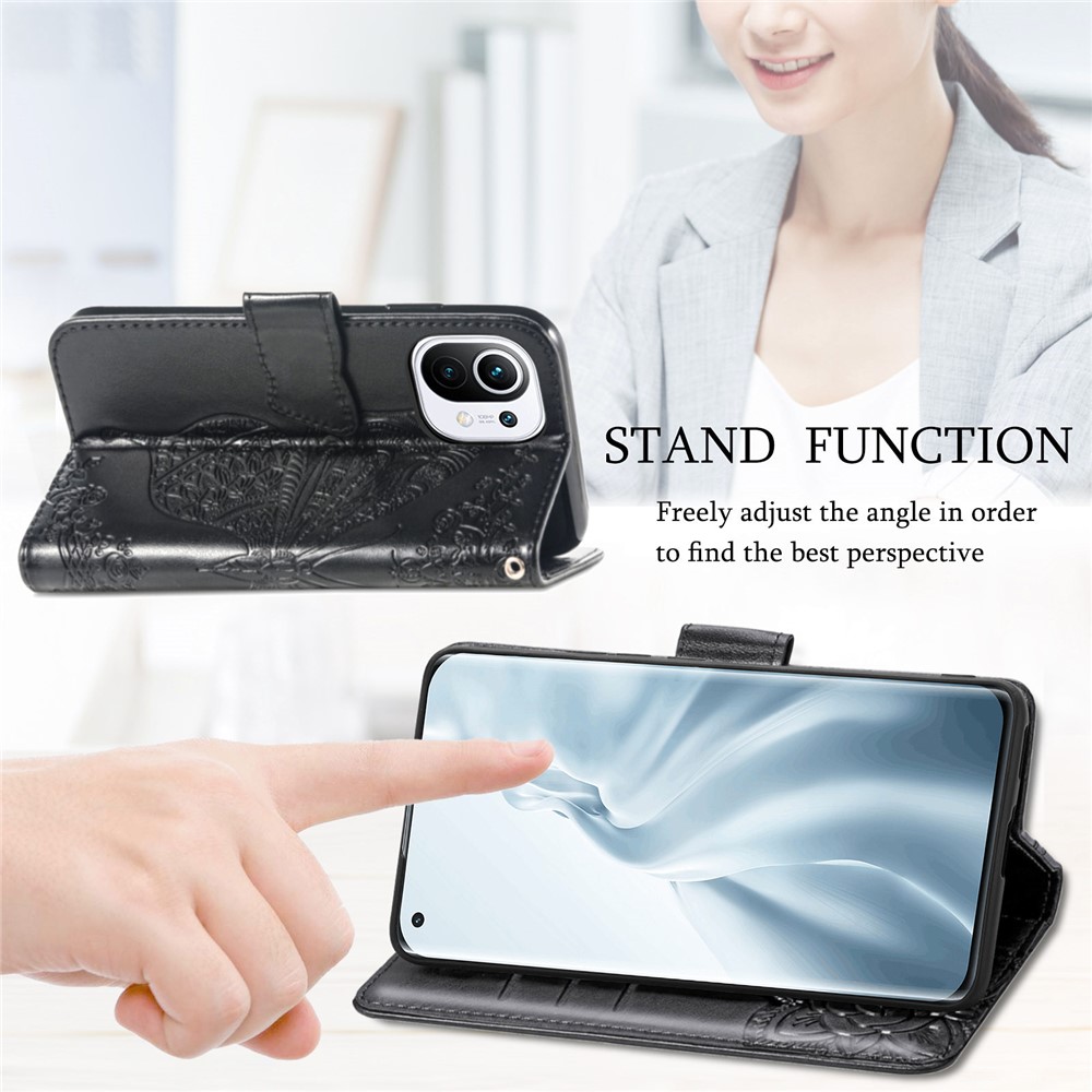 Imprint Big Butterfly Leather Wallet Phone Shell for Xiaomi Mi 11 - Black-10