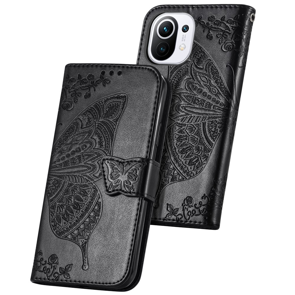Imprint Big Butterfly Leather Wallet Phone Shell for Xiaomi Mi 11 - Black-2
