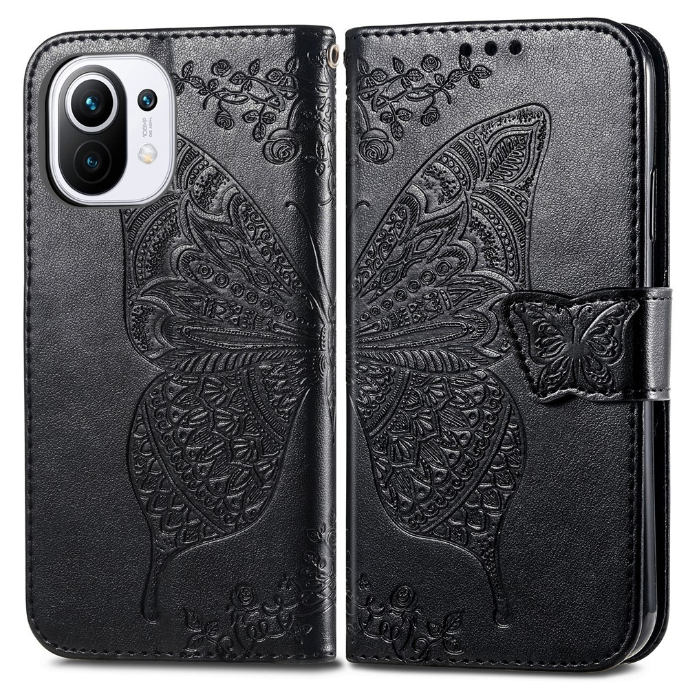 Imprint Big Butterfly Leather Wallet Phone Shell for Xiaomi Mi 11 - Black-3
