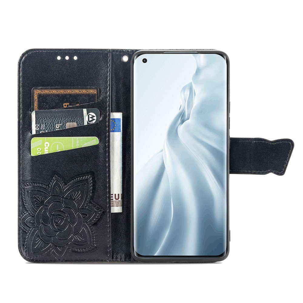 Imprint Big Butterfly Leather Wallet Phone Shell for Xiaomi Mi 11 - Black-4