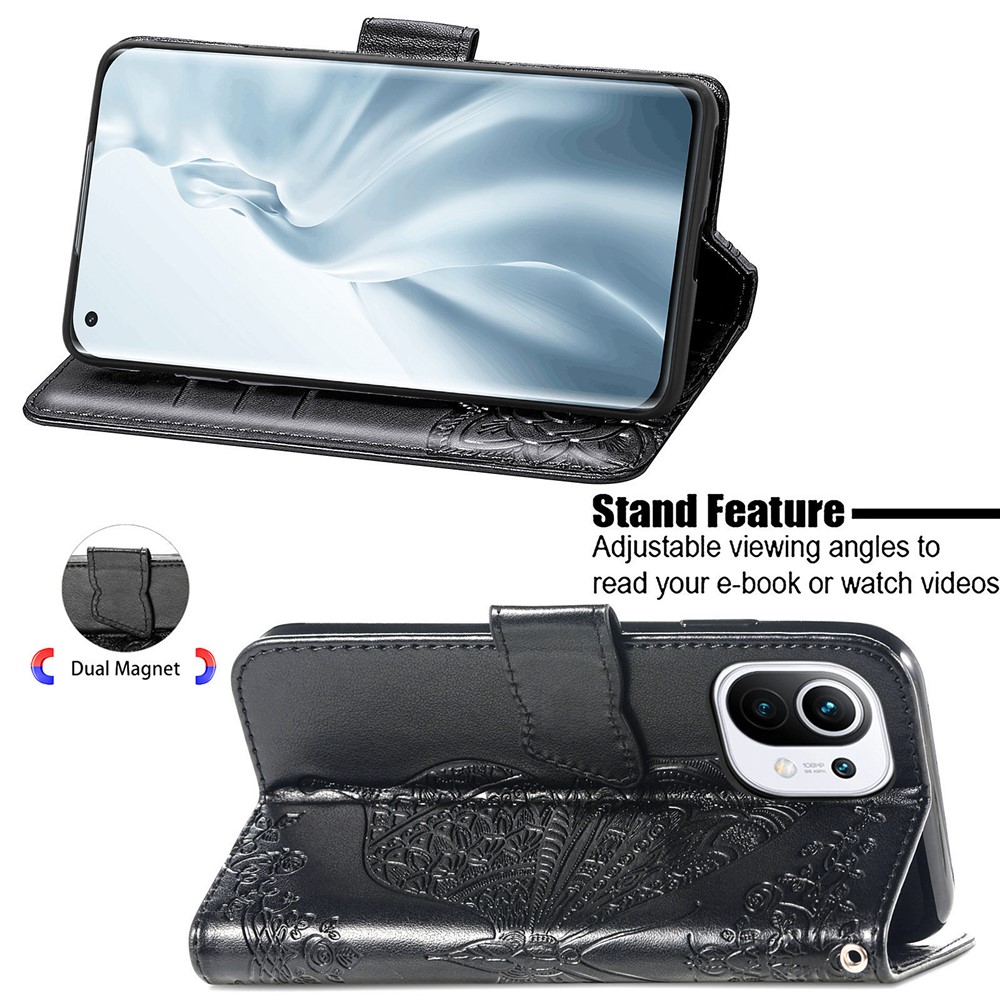 Imprint Big Butterfly Leather Wallet Phone Shell for Xiaomi Mi 11 - Black-5