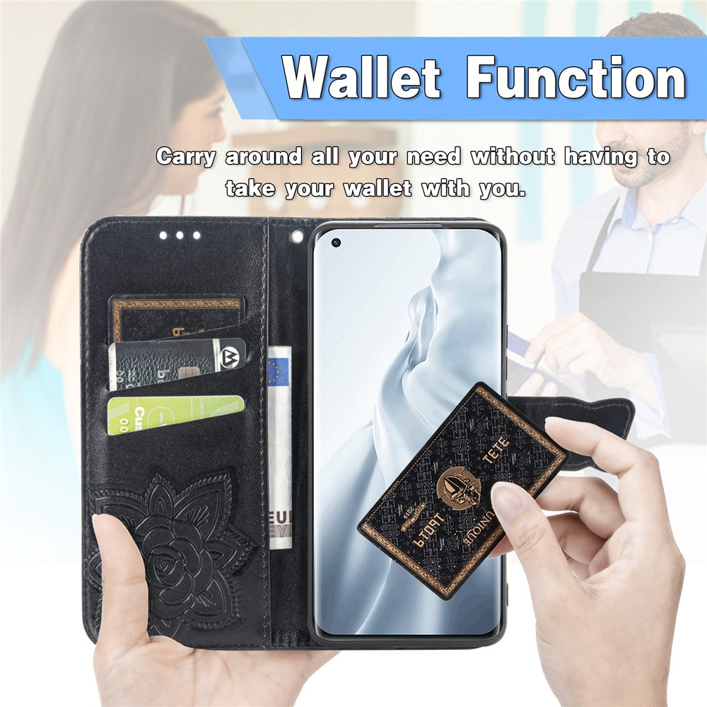 Imprint Big Butterfly Leather Wallet Phone Shell for Xiaomi Mi 11 - Black-7