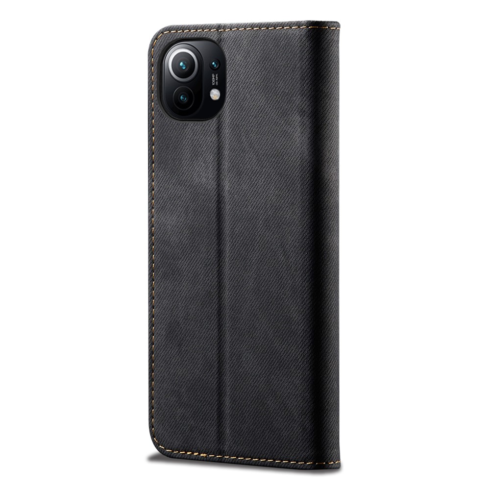 Jeans Cloth Texture Leather Wallet Stand Case for Xiaomi Mi 11 Phone Cover - Black-4