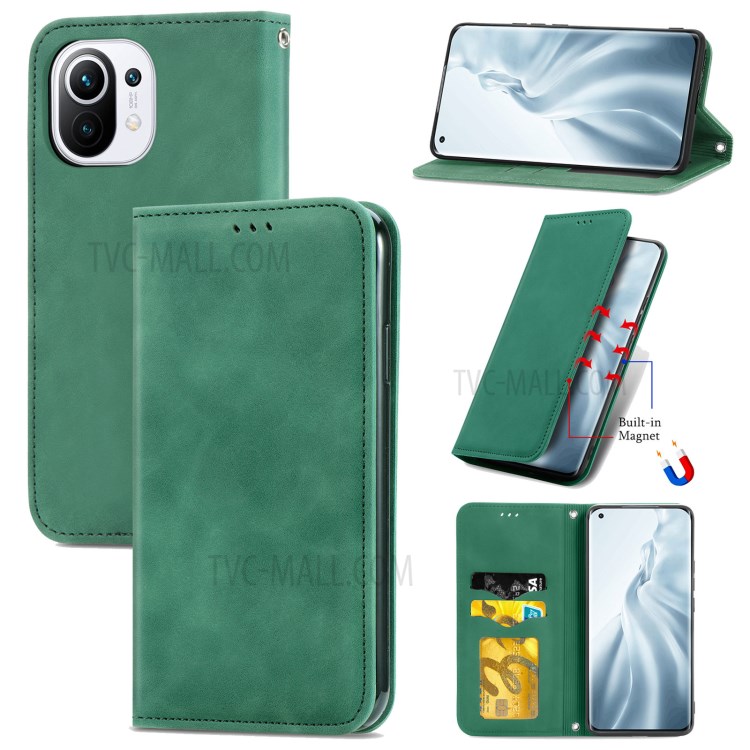 Auto-absorbed Vintage PU Leather Phone Casing for Xiaomi Mi 11 - Green-1