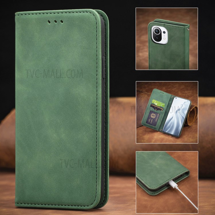 Auto-absorbed Vintage PU Leather Phone Casing for Xiaomi Mi 11 - Green-14