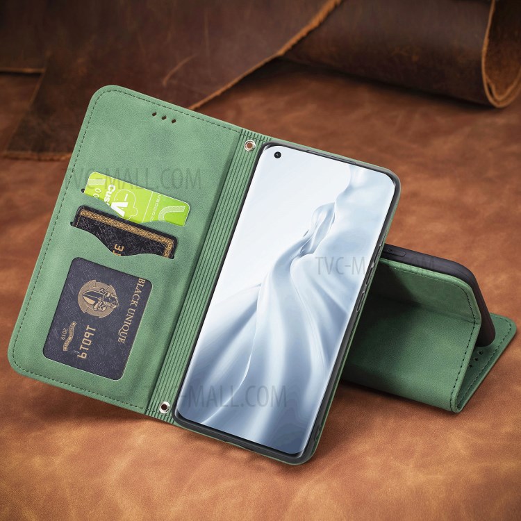 Auto-absorbed Vintage PU Leather Phone Casing for Xiaomi Mi 11 - Green-19