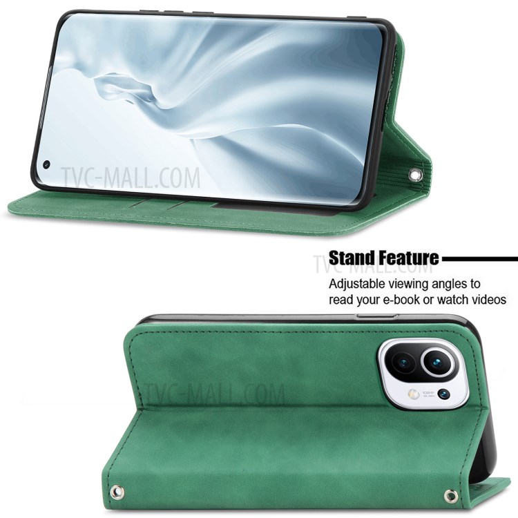 Auto-absorbed Vintage PU Leather Phone Casing for Xiaomi Mi 11 - Green-5