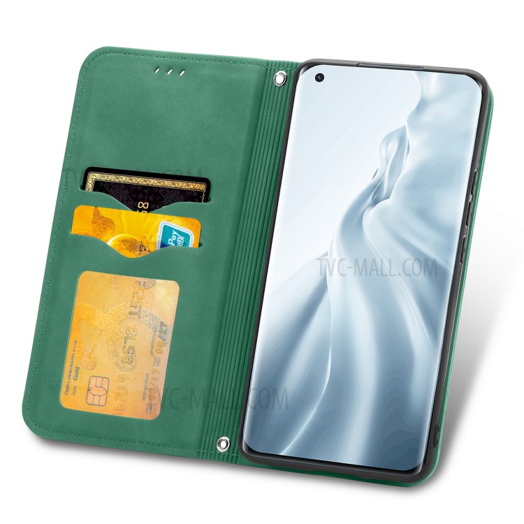 Auto-absorbed Vintage PU Leather Phone Casing for Xiaomi Mi 11 - Green-7