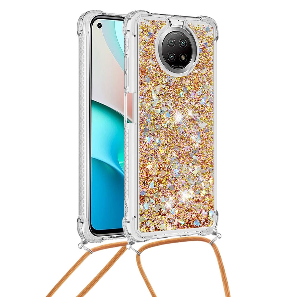 TPU Quicksand Design Phone Shell Case with Strap for Xiaomi Redmi Note 9T 5G / Xiaomi Redmi Note 9 5G - Diamond Gold Heart-1