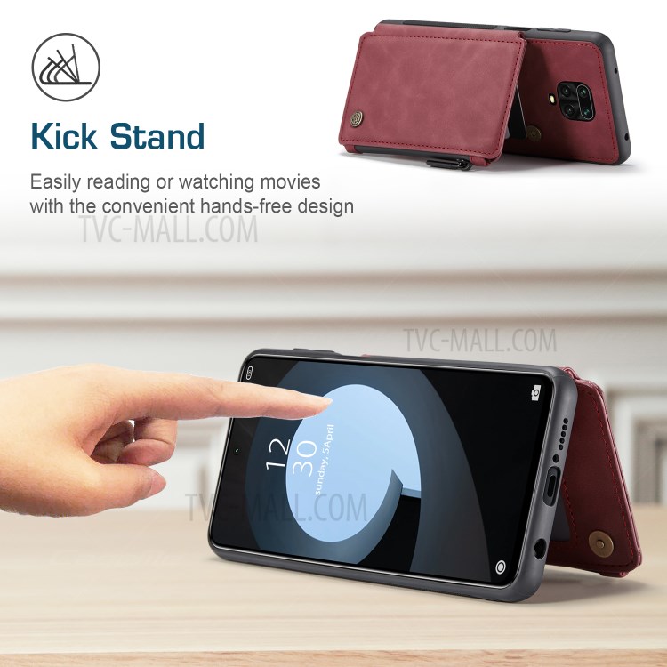 CASEME C20 PU Leather Coated TPU Phone Case with Zipper Pocket Wallet Design for Xiaomi Redmi Note 9S/Note 9 Pro/Note 9 Pro Max - Wine Red-2