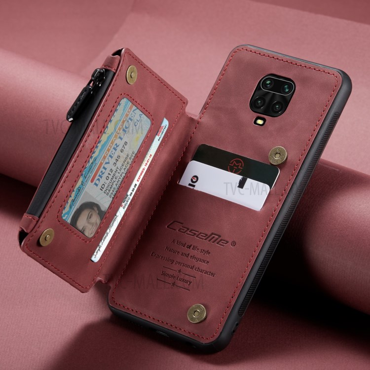 CASEME C20 PU Leather Coated TPU Phone Case with Zipper Pocket Wallet Design for Xiaomi Redmi Note 9S/Note 9 Pro/Note 9 Pro Max - Wine Red-4