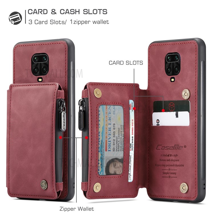 CASEME C20 PU Leather Coated TPU Phone Case with Zipper Pocket Wallet Design for Xiaomi Redmi Note 9S/Note 9 Pro/Note 9 Pro Max - Wine Red-5