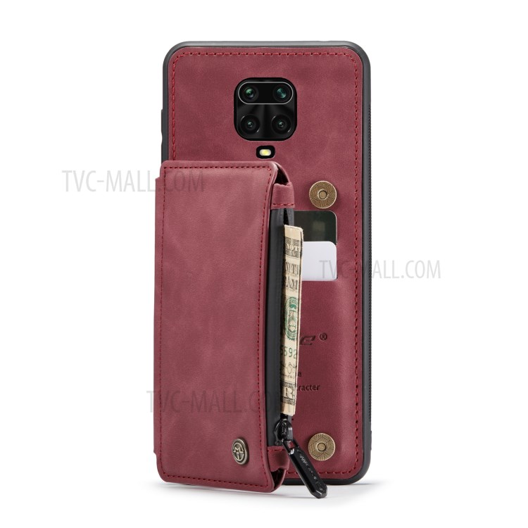 CASEME C20 PU Leather Coated TPU Phone Case with Zipper Pocket Wallet Design for Xiaomi Redmi Note 9S/Note 9 Pro/Note 9 Pro Max - Wine Red-7
