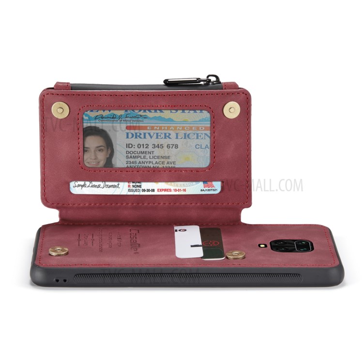 CASEME C20 PU Leather Coated TPU Phone Case with Zipper Pocket Wallet Design for Xiaomi Redmi Note 9S/Note 9 Pro/Note 9 Pro Max - Wine Red-9