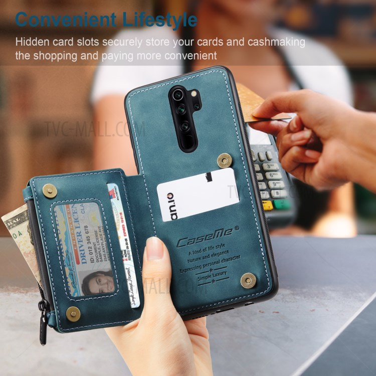 CASEME C20 Zipper Pocket Design PU Leather Coated TPU Phone Case with Wallet and Stand for Xiaomi Redmi Note 8 Pro - Blue-4