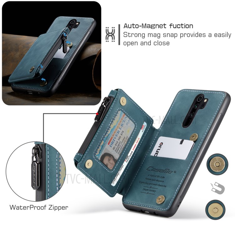 CASEME C20 Zipper Pocket Design PU Leather Coated TPU Phone Case with Wallet and Stand for Xiaomi Redmi Note 8 Pro - Blue-5