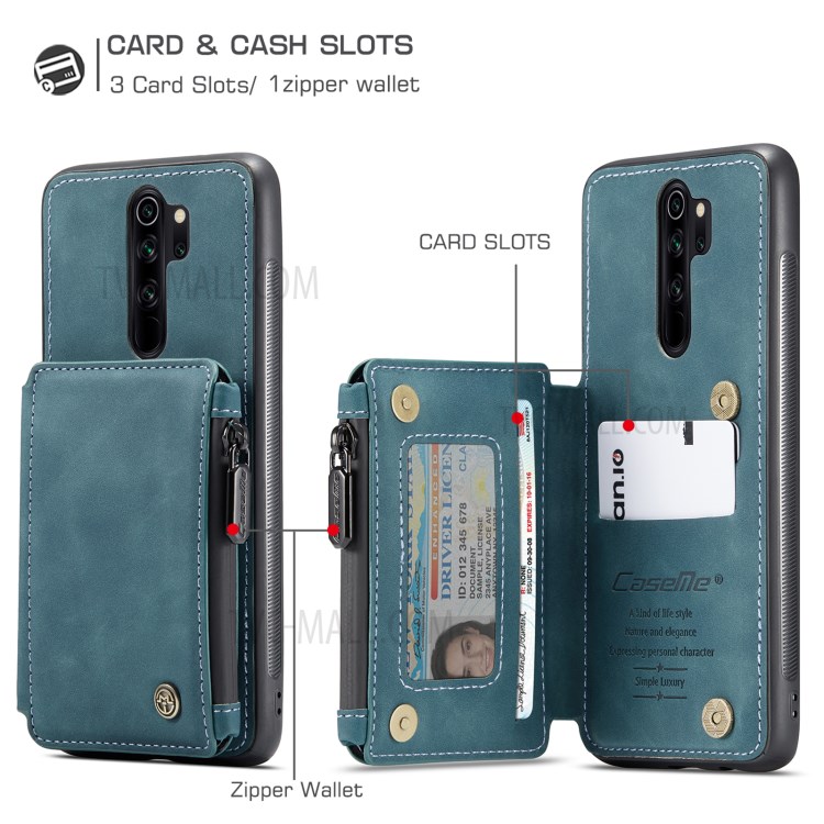 CASEME C20 Zipper Pocket Design PU Leather Coated TPU Phone Case with Wallet and Stand for Xiaomi Redmi Note 8 Pro - Blue-6