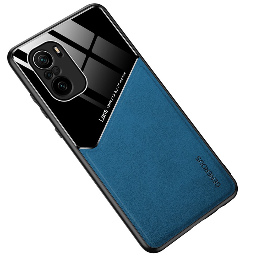 Estojo Híbrido Revestido De Couro Recortado Preciso Com Design De Folha De Metal Magnético Embutido Para Xiaomi Redmi K40 / K40 Pro / K40 Pro + / Mi 11i / Poco F3 - Azul