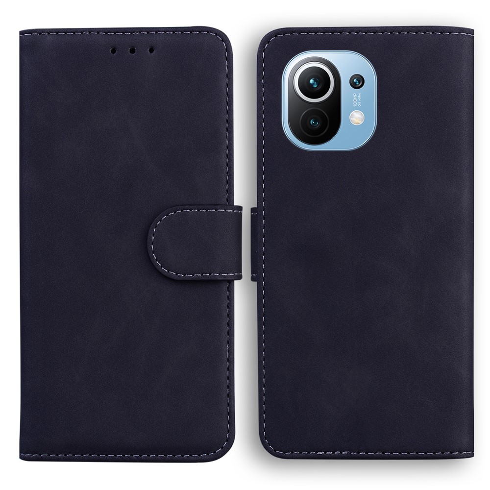 Solid Color Wallet Design Case for Xiaomi Mi 11 Leather Phone Stand Case - Black-1