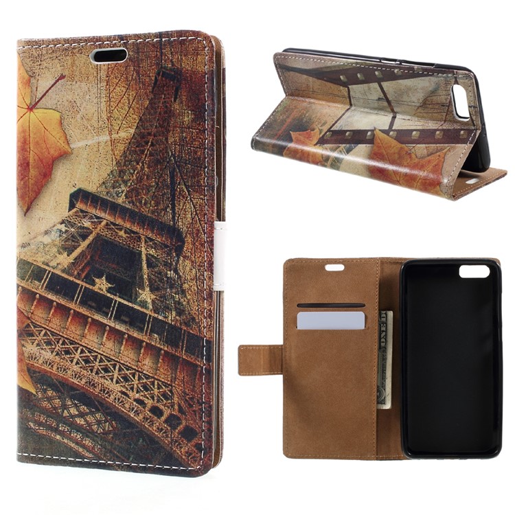 Patterned Wallet Stand Leather Mobile Phone Case for Xiaomi Mi 6 Plus - Eiffel Tower and Maple Leaves-1