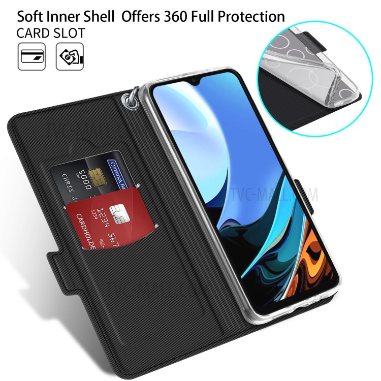BaiYu Series Leather Stand Case with Card Slots and Strap for Xiaomi Redmi 9T/9 Power/Note 9 4G (Qualcomm Snapdragon 662) - Black-5