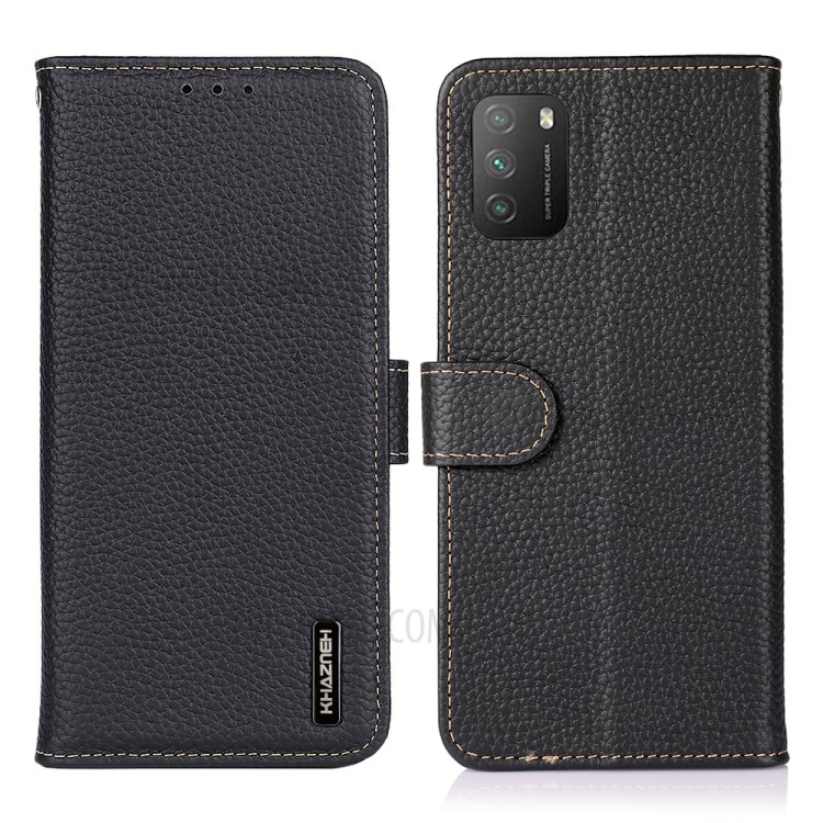 KHAZNEH Litchi Texture Top Layer Genuine Leather Phone Wallet Stand Case Shell for Xiaomi Poco M3 - Black-1