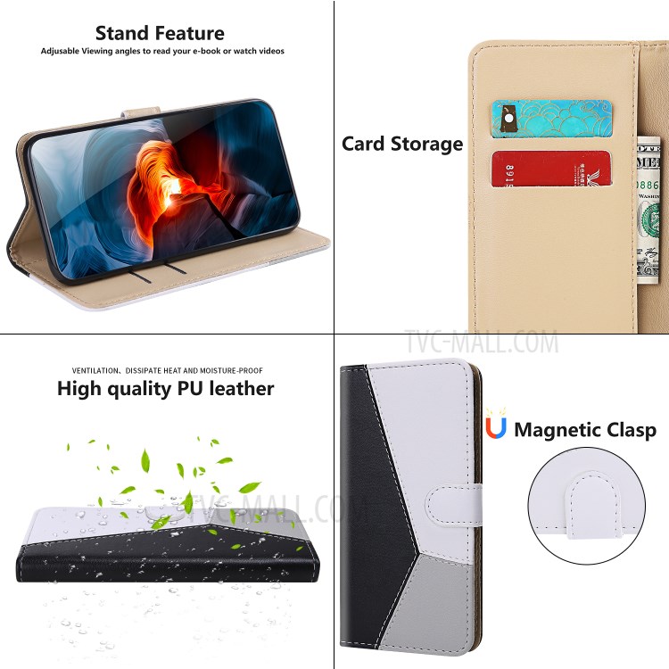 Carteira de Três Cores Protetor de Couro PU Chelha / Xiaomi Mi 10t Lite 5g / Xiaomi Mi 10i 5g - Preto/branco/cinza