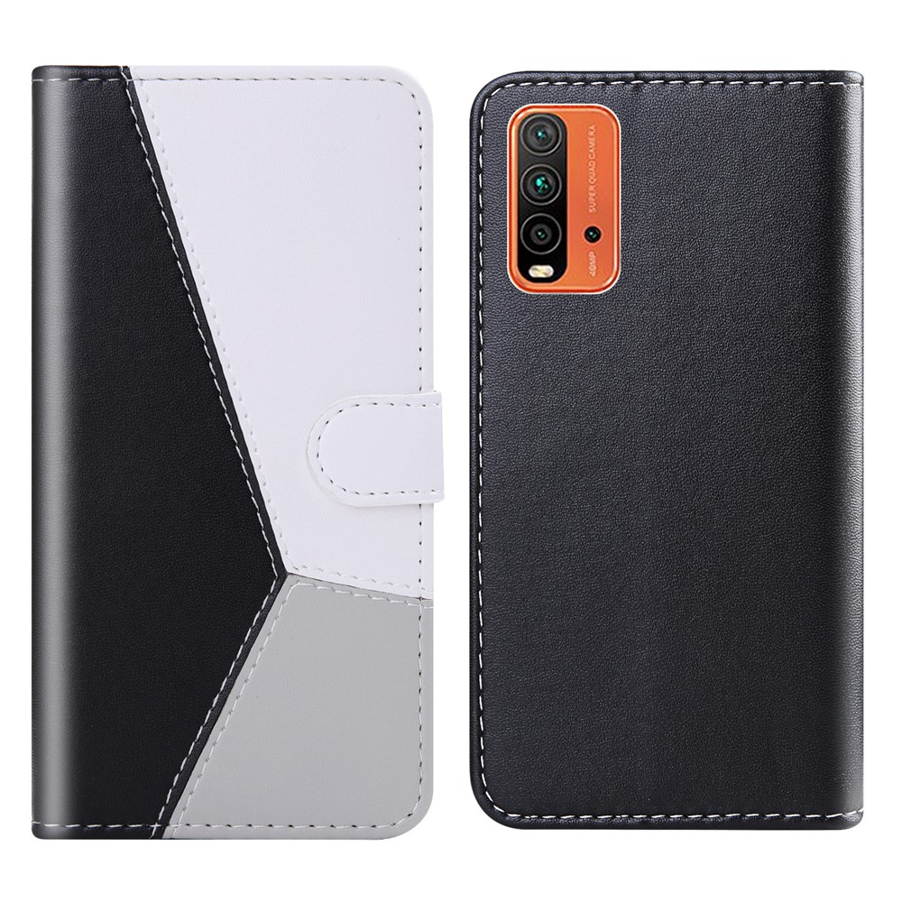 Three-color Splicing Wallet Stand Protector PU Leather Shell for Xiaomi Redmi Note 9T 5G / Note 9 5G / 9 Power - Black/White/Grey-1