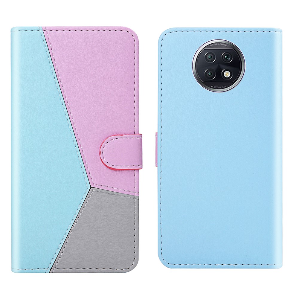 Three-color Splicing Wallet Stand Protector PU Leather Shell for Xiaomi Redmi Note 9T 5G / Note 9 5G - Blue/Purple/Grey-1