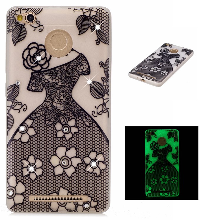 Rhinestone Decoration Embossed Luminous TPU Case Accessory for Xiaomi Redmi 3s - Beautiful Skirt-1