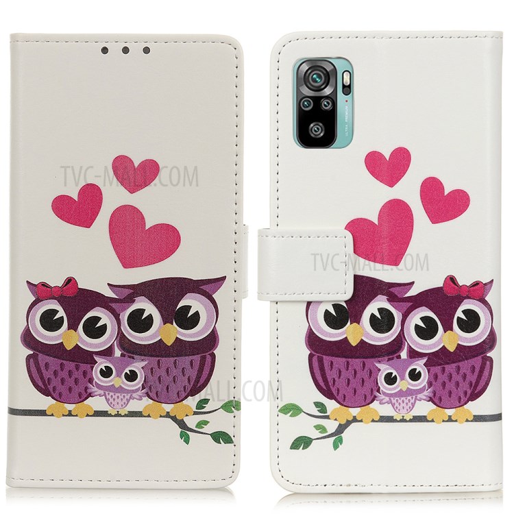 Pattern Printing Wallet Stand Design PU Leather Phone Cover Shell for Xiaomi Redmi Note 10 4G / Note 10S - Heart and Owl-1