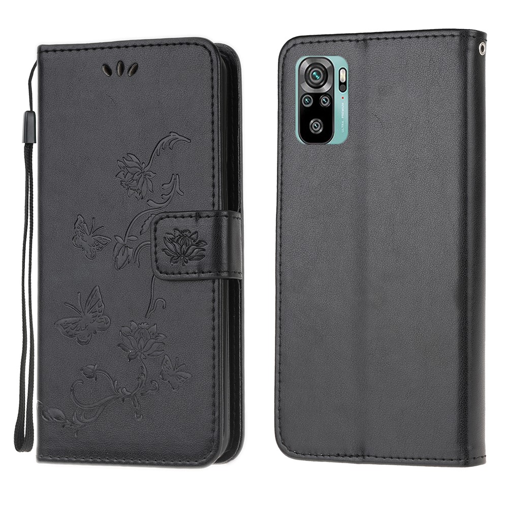 Imprint Butterfly Flower Leather Wallet Stand Phone Cover for Xiaomi Redmi Note 10S / Redmi Note 10 4G - Black-1