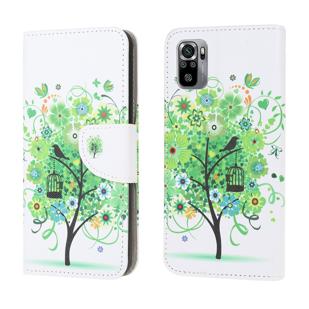 Pattern Printing Cross Texture Leather Wallet Stand Case Shell for Xiaomi Redmi Note 10 4G / Note 10S - Green Tree-1