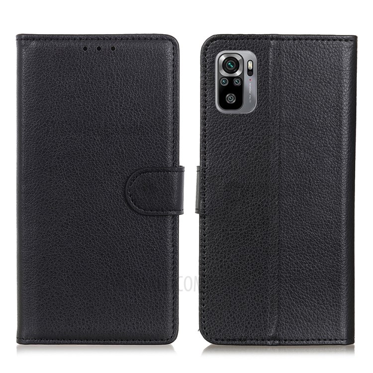 Litchi Skin Folio Flip Leather Case Protective Shell with Wallet Stand Design for Xiaomi Redmi Note 10 4G/Note 10S - Black-1