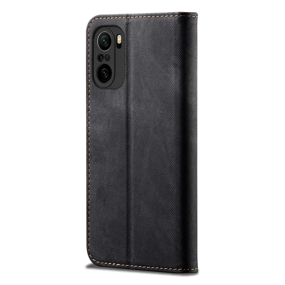 Jeans Stoff Textur Leder Brieftasche Hülle Für Xiaomi Redmi K40 / K40 Pro - Schwarz