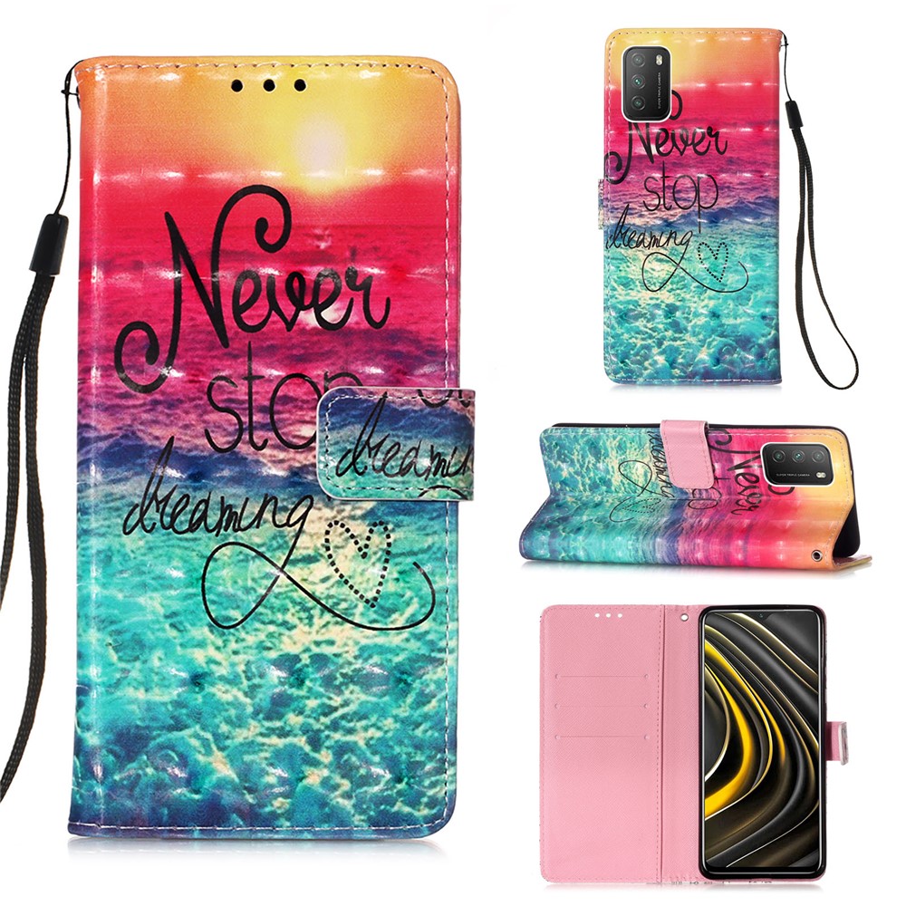 3D Pattern Printing Wallet Stand PU Leather Phone Shell Case for Xiaomi Poco M3 / Redmi Note 9 4G (Qualcomm Snapdragon 662) / Redmi 9 Power / Redmi 9T - Never Stop Dreaming-5