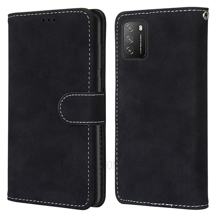 Retro Style Matte Leather Case Phone Cover Wallet Stand for Xiaomi Poco M3 - Black-1