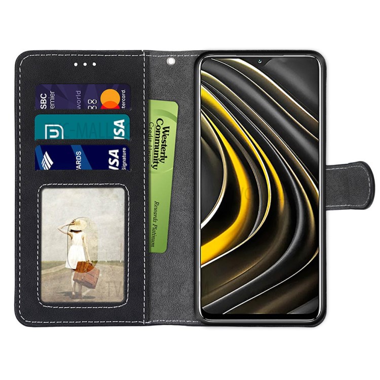 Retro Style Matte Leather Case Phone Cover Wallet Stand for Xiaomi Poco M3 - Black-10