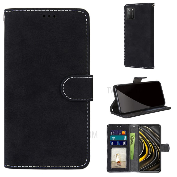 Retro Style Matte Leather Case Phone Cover Wallet Stand for Xiaomi Poco M3 - Black-9
